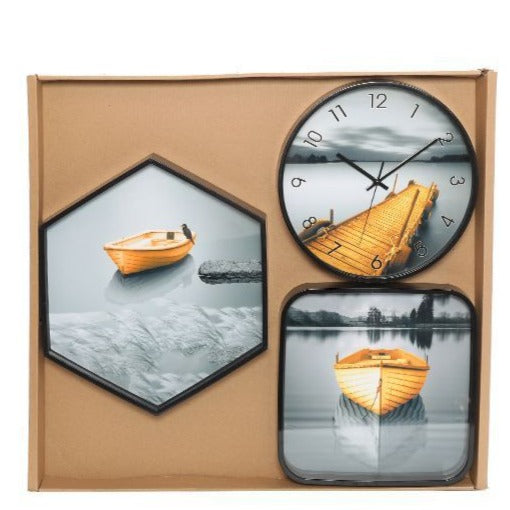Reloj redondo blanco con cuadros decorativos y diseño de barco 3 pcs - Alistore Chile